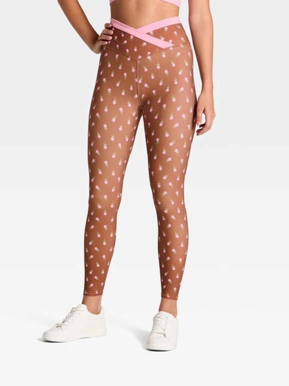 JoyLab Brown Leggings with Pink Floral Print